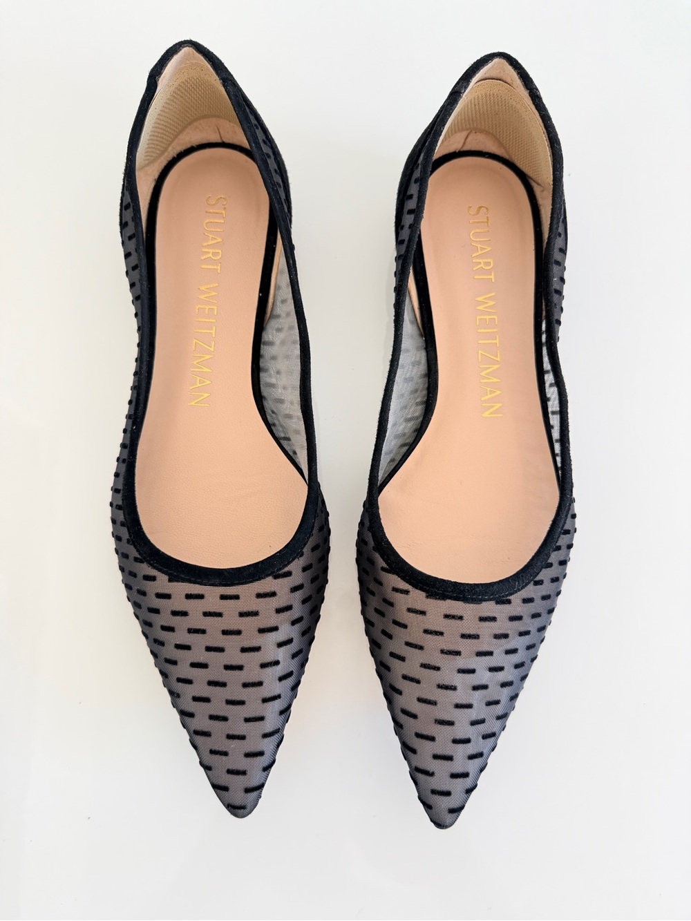 Stuart Weitzman Black Pointed Mesh Flats with Dotted Pattern